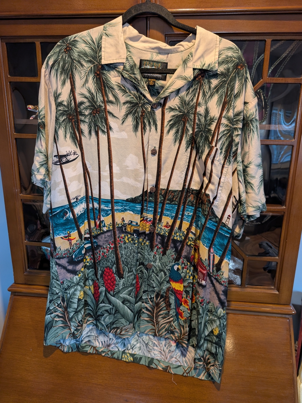 Collection B Tropical Palm Tree & Beach Camp Shirt - Beige/Green/Blue